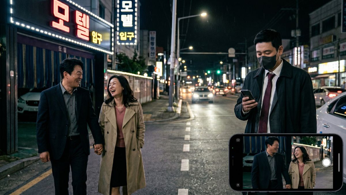 거리에서서 외도커플을 목격하고 핸드폰으로 증거를 남기는 고탐정