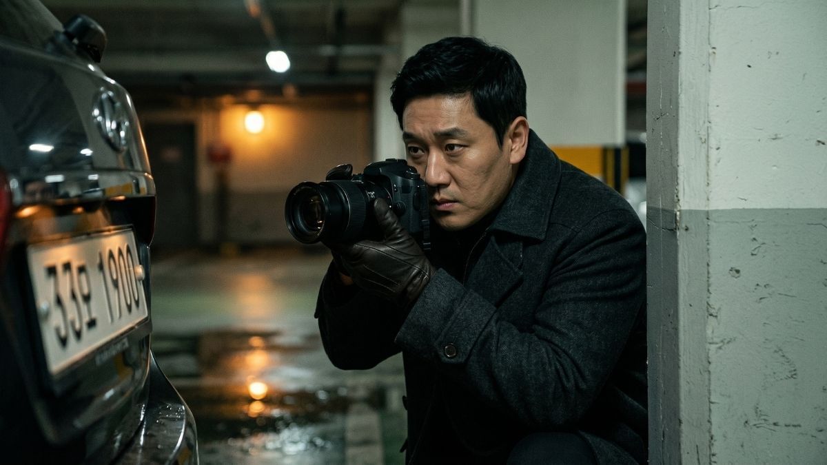 주차장에서 카메라로 증거를 수집하는 고탐정