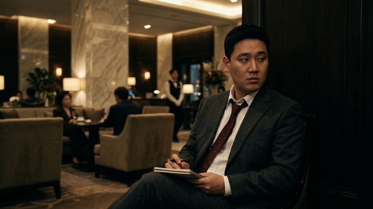 호텔로비에앉아 무언가를보면서 수첩을 들고 있는 고탐정